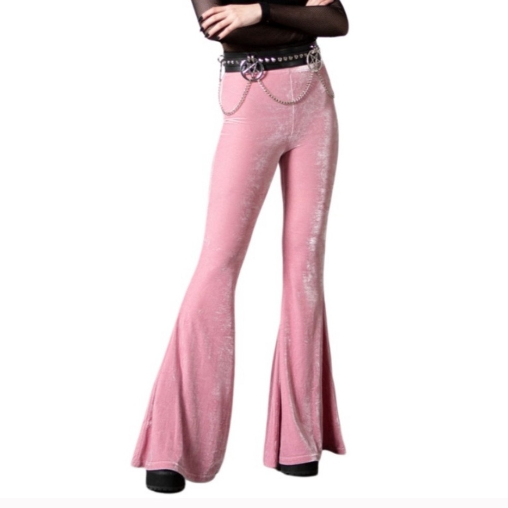 Killstar Pastel Pink Moondance Bell Bottoms Velvet Flare Pants XL - Picture 3 of 12